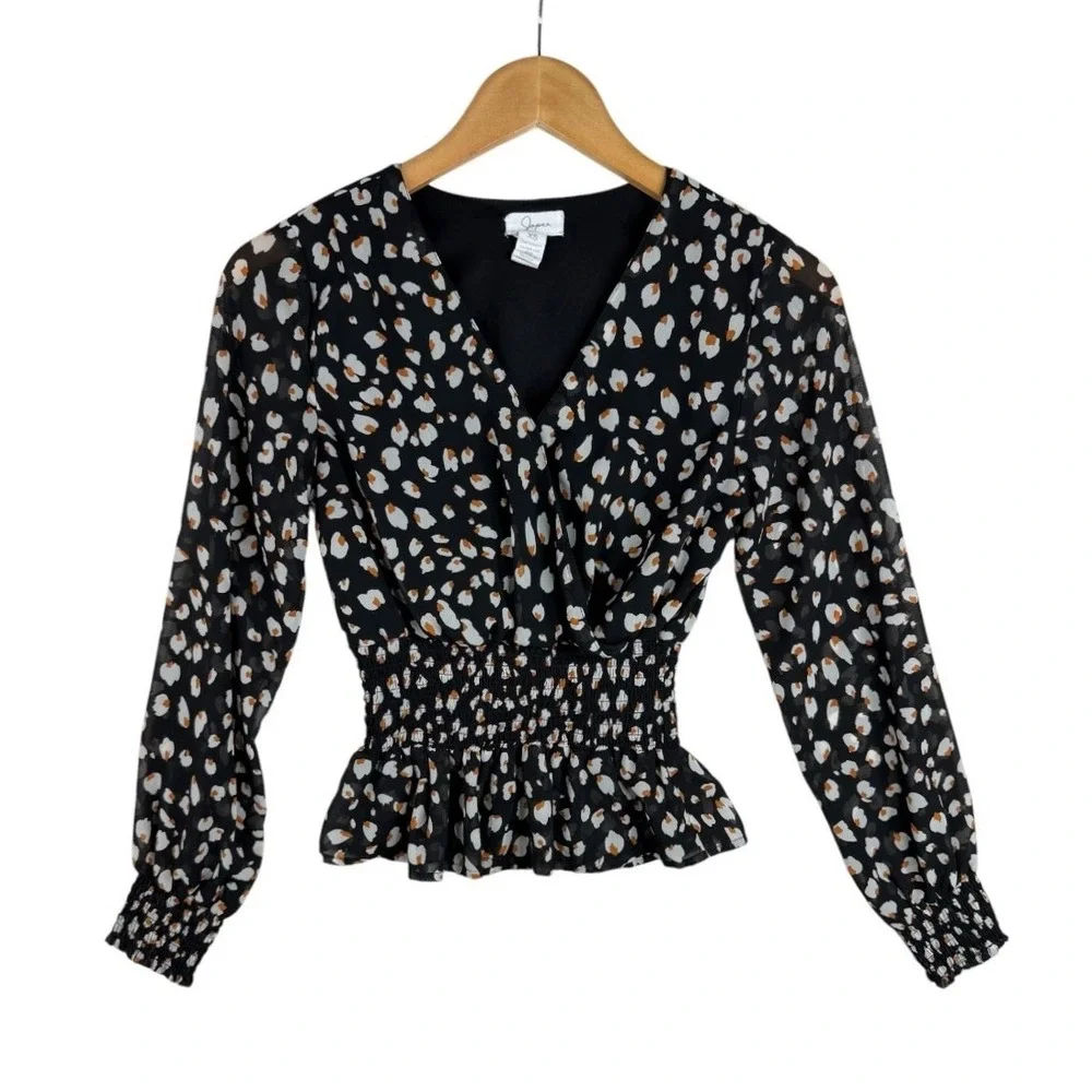 Jopaa Womens Animal Print Smocked Waist Blouse Size XS Black